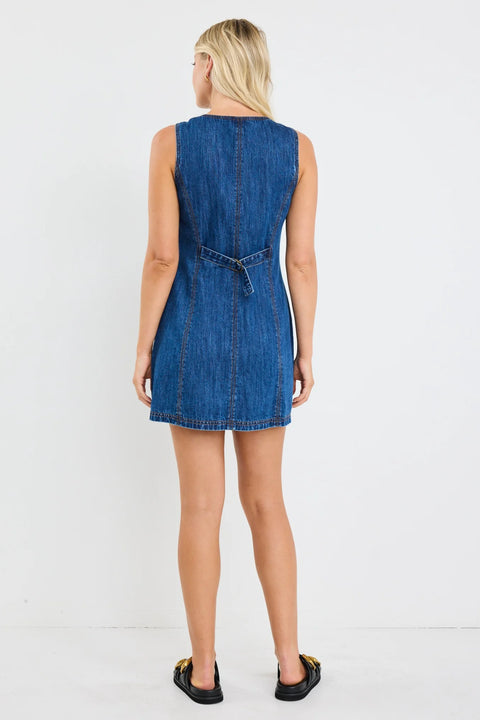 AVENUE MARINE BLUE DENIM MINI VEST DRESS