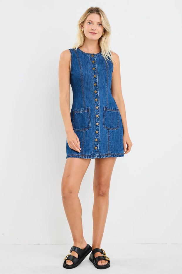 AVENUE MARINE BLUE DENIM MINI VEST DRESS