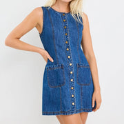 AVENUE MARINE BLUE DENIM MINI VEST DRESS