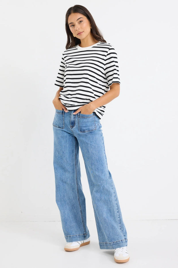 BINDING BLACK WHITE STRIPE BOXY FIT TEE