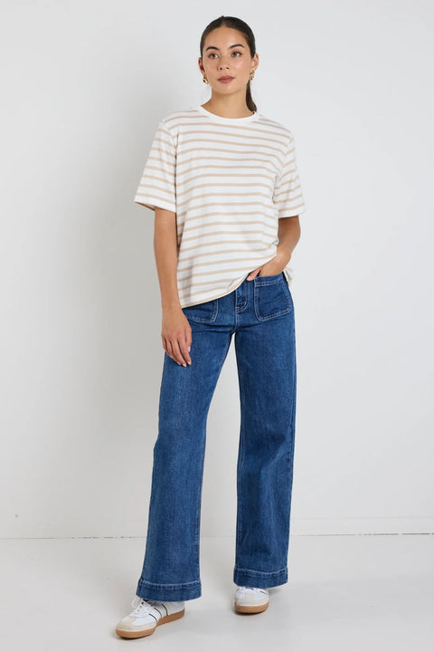 BINDING WHITE NATURAL STRIPE BOXY FIT TEE