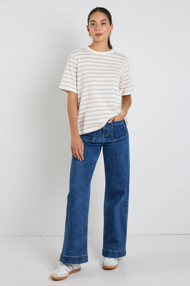 BINDING WHITE NATURAL STRIPE BOXY FIT TEE
