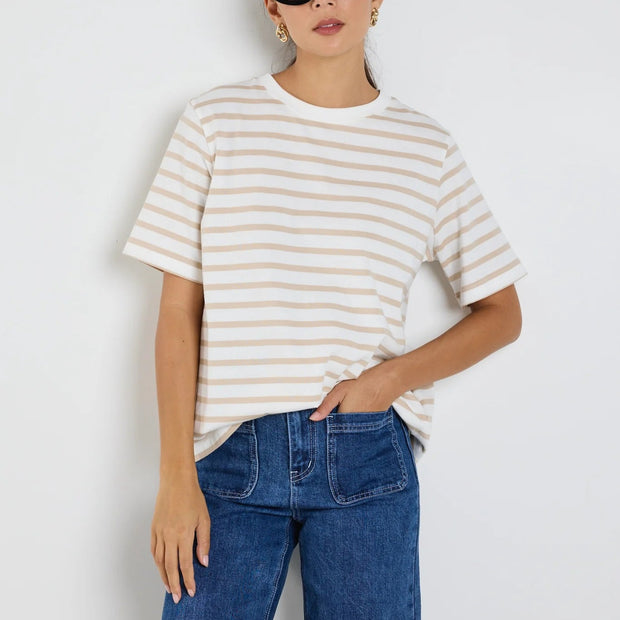 BINDING WHITE NATURAL STRIPE BOXY FIT TEE