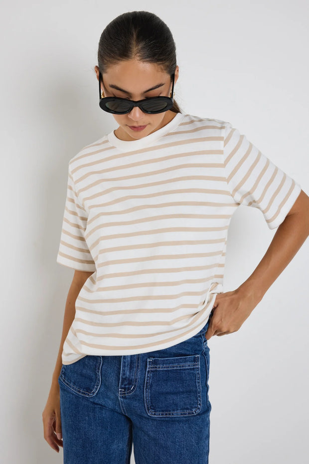 BINDING WHITE NATURAL STRIPE BOXY FIT TEE