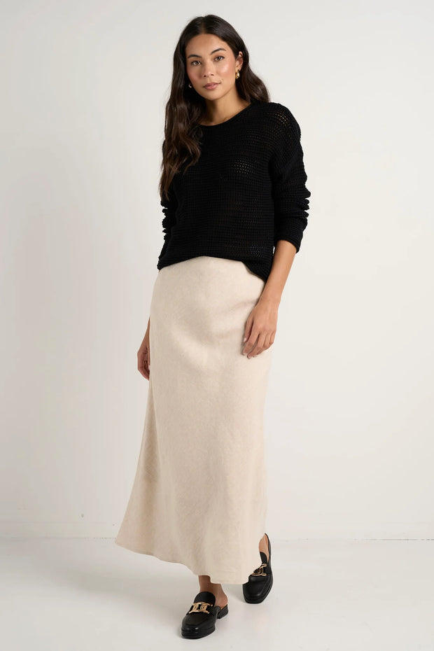 BLISS NATURAL LINEN BIAS MIDI SKIRT