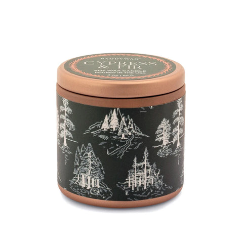 GREEN/ WHITE LABEL COPPER TIN CANDLE - CYPRESS & FIR
