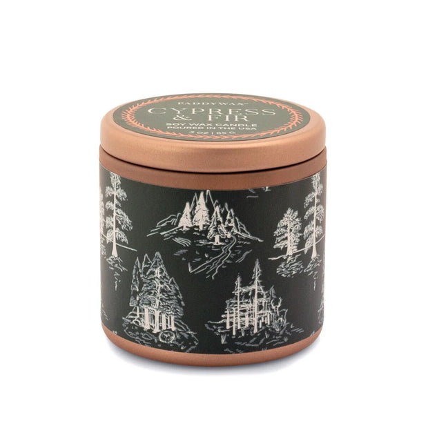 GREEN/ WHITE LABEL COPPER TIN CANDLE - CYPRESS & FIR