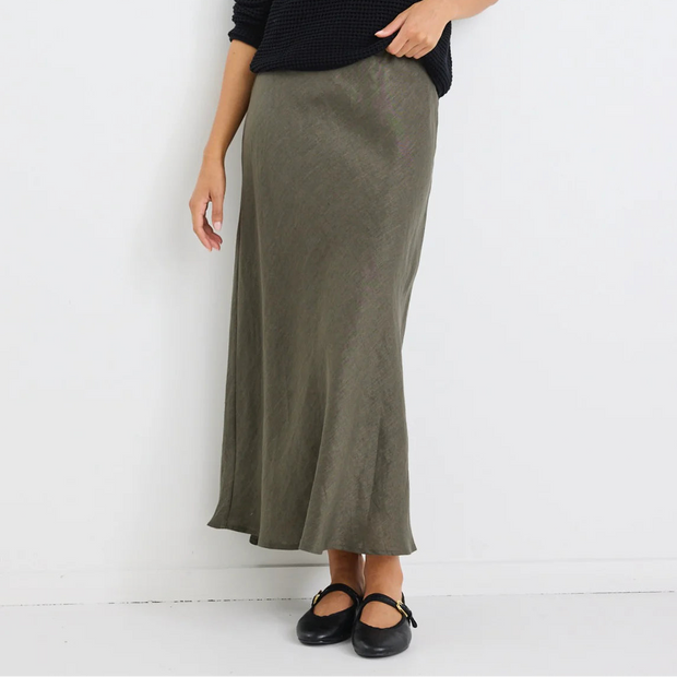 BLISS KHAKI LINEN BIAS MIDI SKIRT