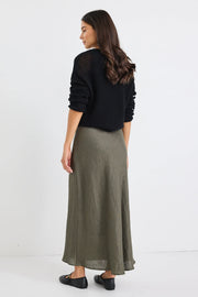 BLISS KHAKI LINEN BIAS MIDI SKIRT