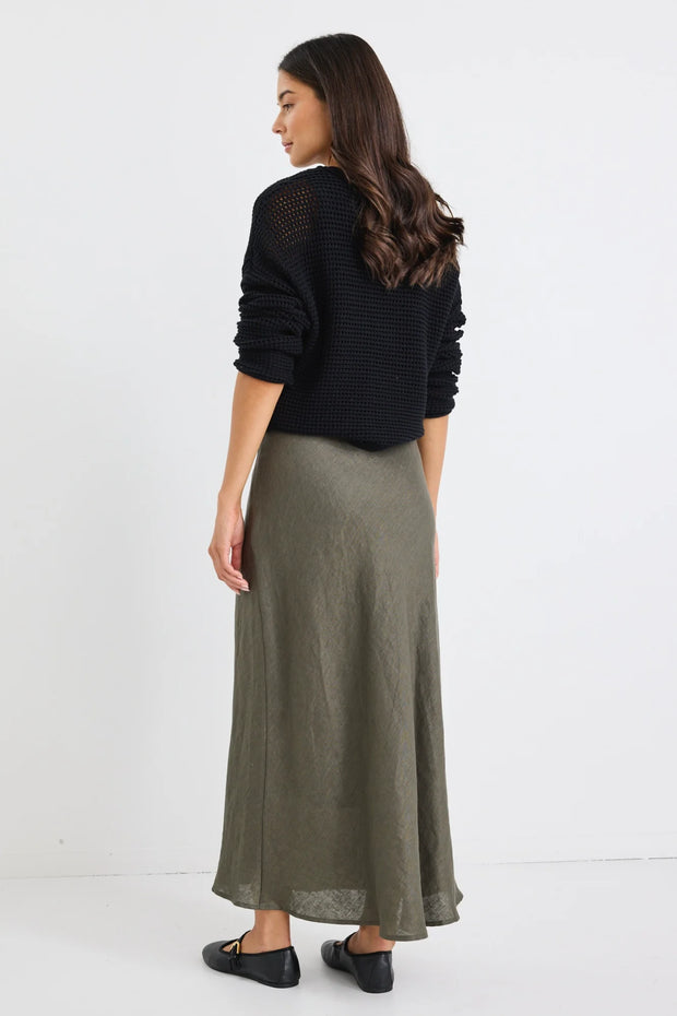 BLISS KHAKI LINEN BIAS MIDI SKIRT
