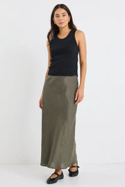 BLISS KHAKI LINEN BIAS MIDI SKIRT