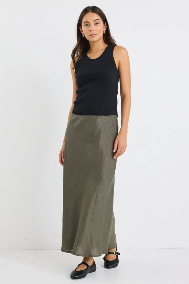 BLISS KHAKI LINEN BIAS MIDI SKIRT