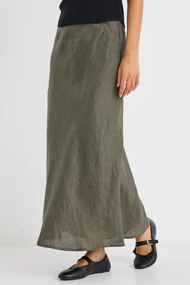 BLISS KHAKI LINEN BIAS MIDI SKIRT