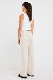 BESTOW PUMICE LINEN ELASTIC BACK WIDE LEG PANTS