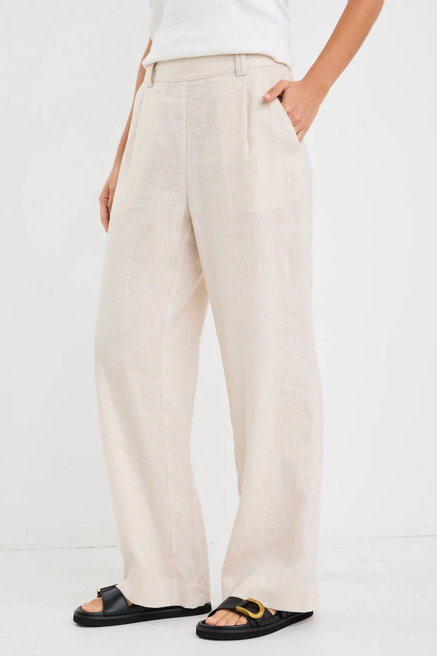 BESTOW PUMICE LINEN ELASTIC BACK WIDE LEG PANTS