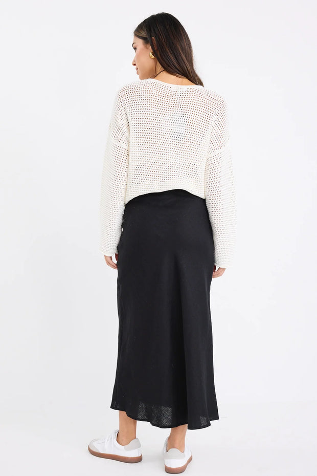 BLISS BLACK LINEN BIAS MIDI SKIRT