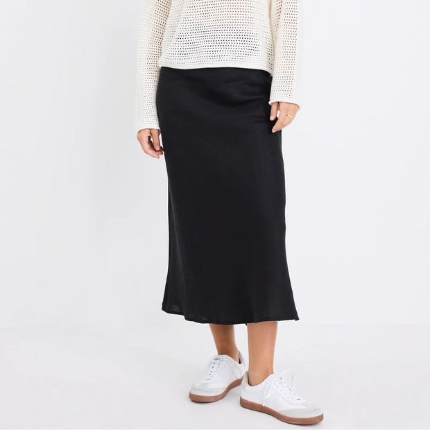 BLISS BLACK LINEN BIAS MIDI SKIRT