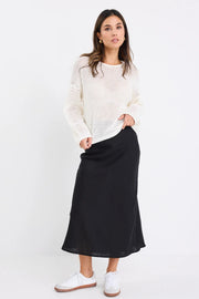 BLISS BLACK LINEN BIAS MIDI SKIRT