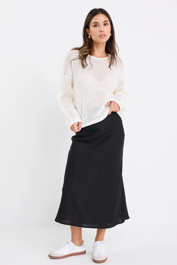 BLISS BLACK LINEN BIAS MIDI SKIRT