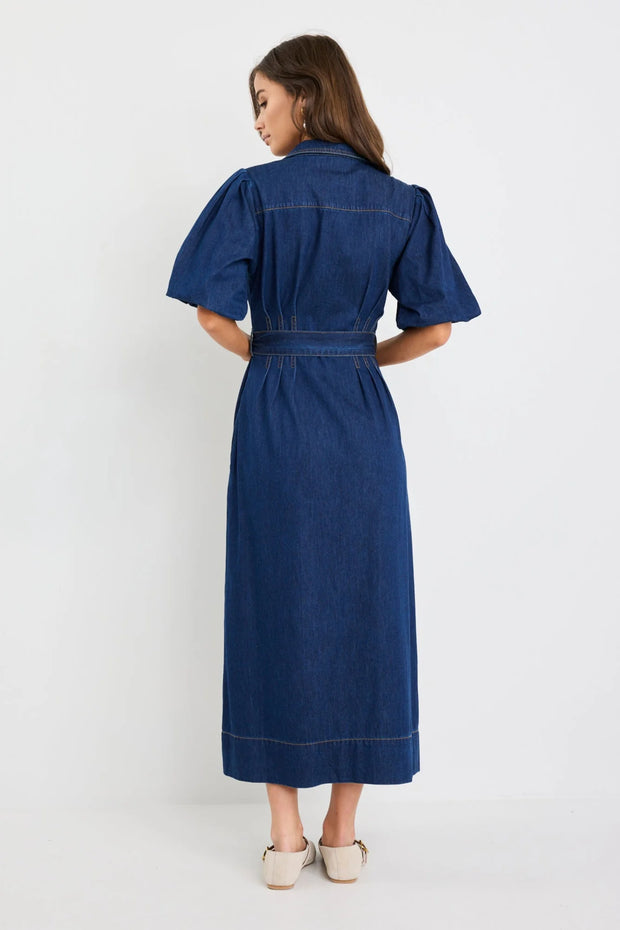 DUSK INDIGO DENIM PUFF SLEEVE MAXI SHIRT DRESS
