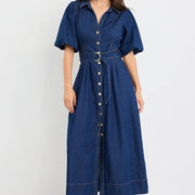 DUSK INDIGO DENIM PUFF SLEEVE MAXI SHIRT DRESS