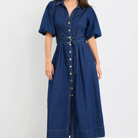 DUSK INDIGO DENIM PUFF SLEEVE MAXI SHIRT DRESS
