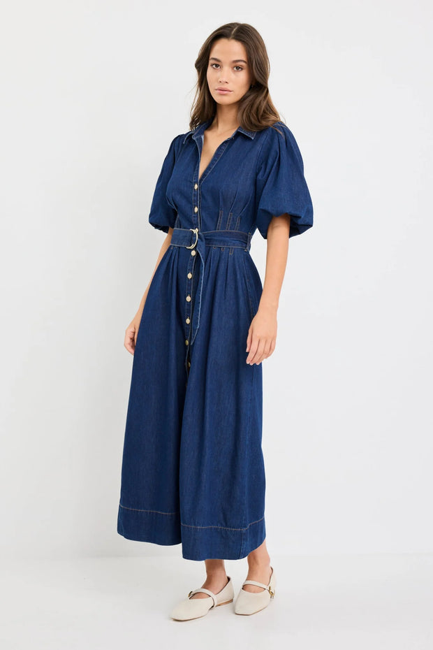 DUSK INDIGO DENIM PUFF SLEEVE MAXI SHIRT DRESS
