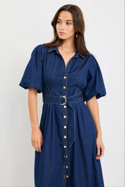 DUSK INDIGO DENIM PUFF SLEEVE MAXI SHIRT DRESS