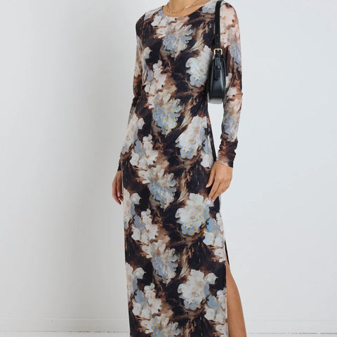 GALLERY SEPIA FLORAL MESH LS MAXI DRESS