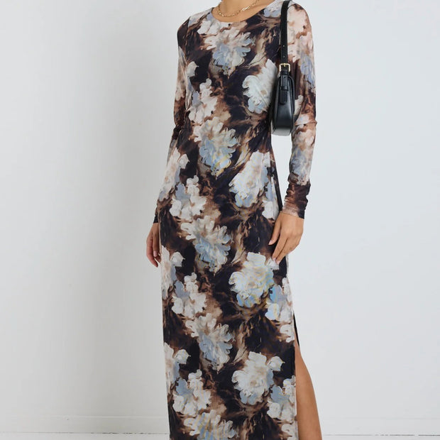 GALLERY SEPIA FLORAL MESH LS MAXI DRESS