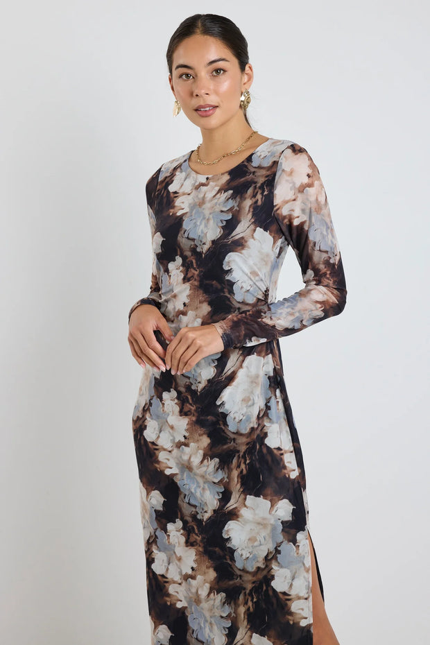 GALLERY SEPIA FLORAL MESH LS MAXI DRESS