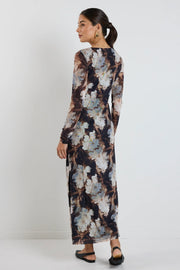 GALLERY SEPIA FLORAL MESH LS MAXI DRESS