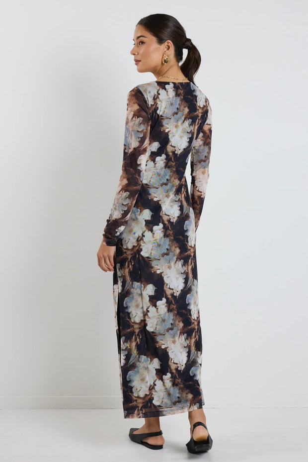 GALLERY SEPIA FLORAL MESH LS MAXI DRESS
