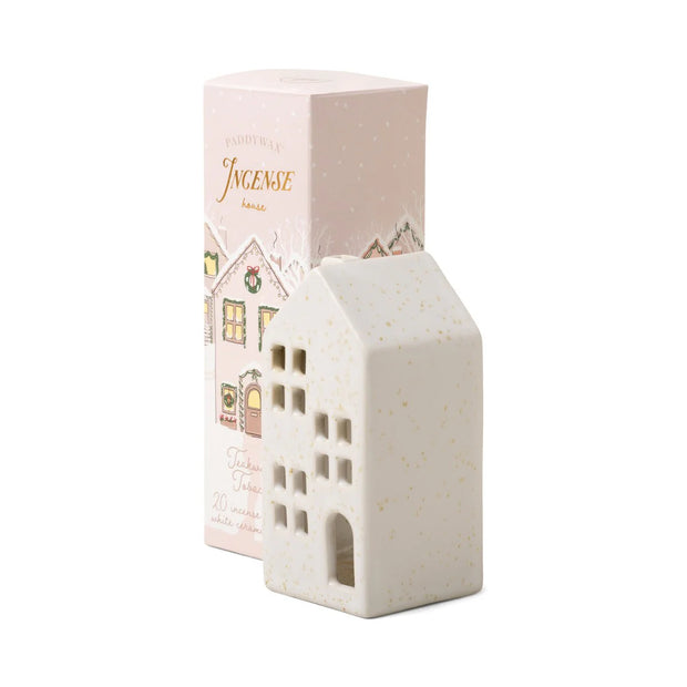 WHITE CERAMIC COTTAGE + 20 INCENSE CONES - TEAKWOOD TOBACCO