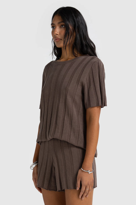 AMARA RELAXED KNIT T SHIRT - ESPRESSO