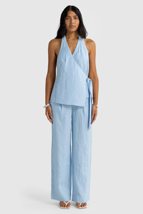 ELISE LINEN WRAP TOP - POWDER BLUE