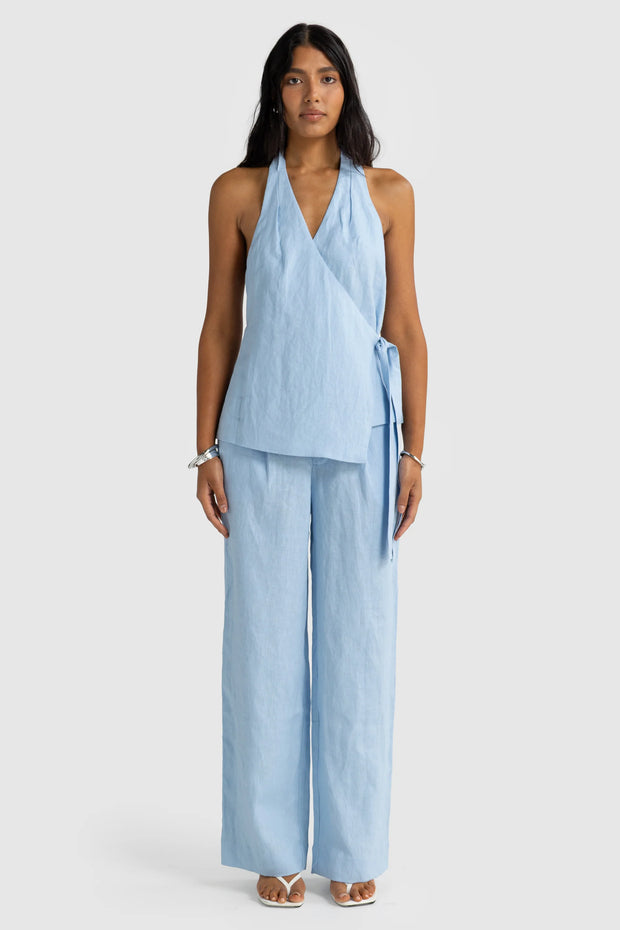 ELISE LINEN WRAP TOP - POWDER BLUE