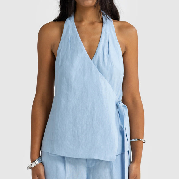 ELISE LINEN WRAP TOP - POWDER BLUE