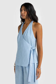 ELISE LINEN WRAP TOP - POWDER BLUE