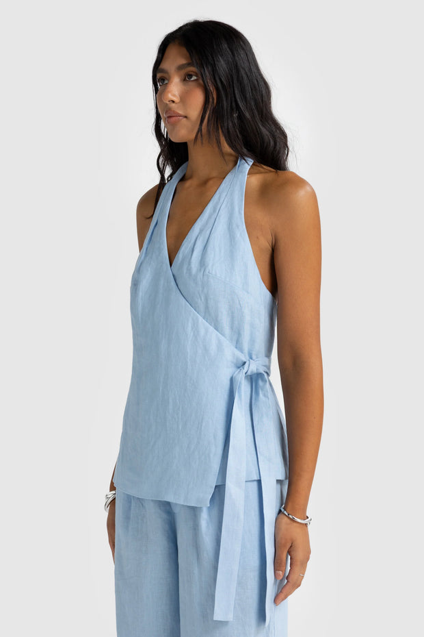 ELISE LINEN WRAP TOP - POWDER BLUE