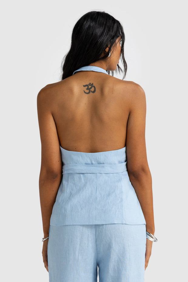 ELISE LINEN WRAP TOP - POWDER BLUE