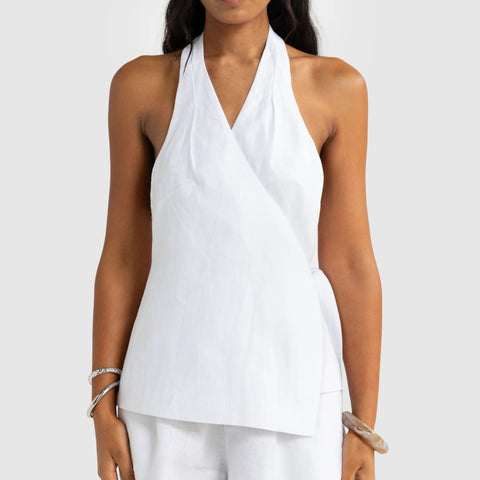 ELISE LINEN WRAP TOP - WHITE