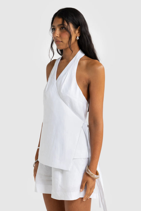 ELISE LINEN WRAP TOP - WHITE