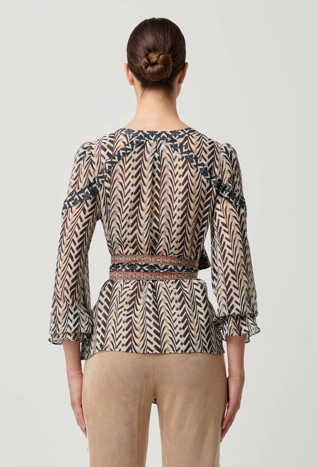 FALLON CRINKLE COTTON SILK CONTRAST PANEL BLOUSE WITH TIE