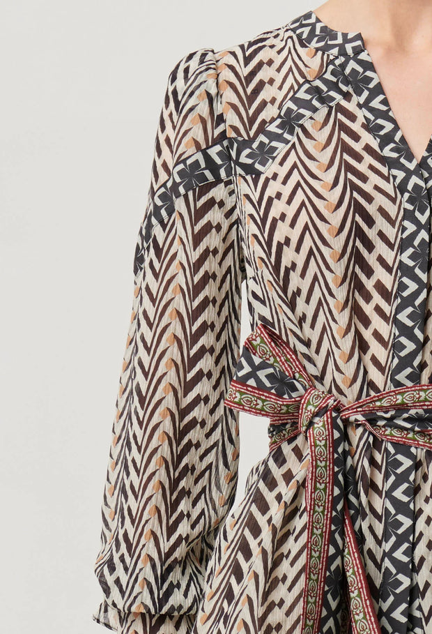 FALLON CRINKLE COTTON SILK CONTRAST PANEL BLOUSE WITH TIE