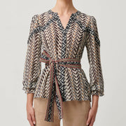 FALLON CRINKLE COTTON SILK CONTRAST PANEL BLOUSE WITH TIE