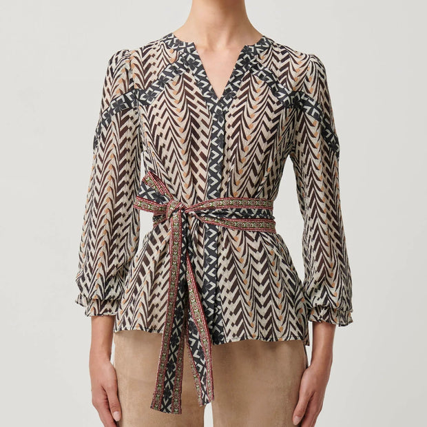 FALLON CRINKLE COTTON SILK CONTRAST PANEL BLOUSE WITH TIE