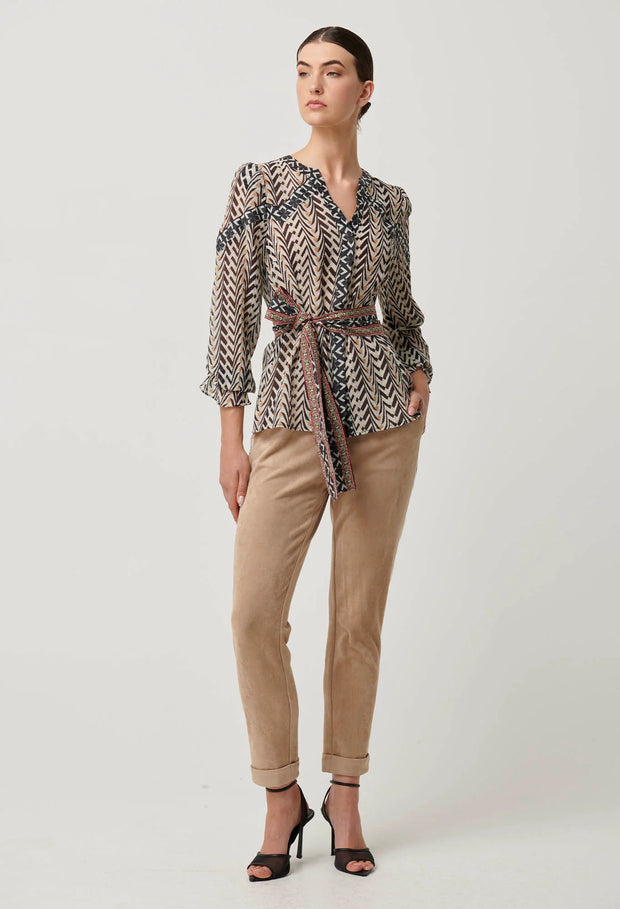 FALLON CRINKLE COTTON SILK CONTRAST PANEL BLOUSE WITH TIE