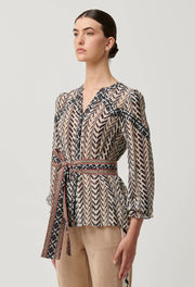 FALLON CRINKLE COTTON SILK CONTRAST PANEL BLOUSE WITH TIE