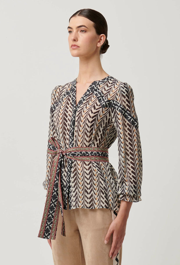 FALLON CRINKLE COTTON SILK CONTRAST PANEL BLOUSE WITH TIE